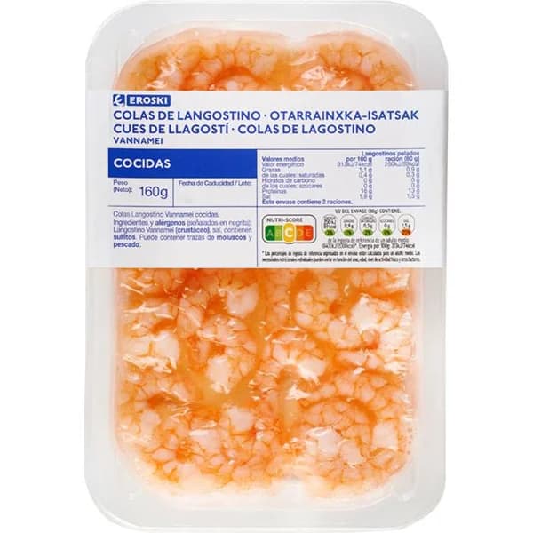 Colas de langostino natural EROSKI, bandeja 160 g - 0.16 kg - Imagen del producto en Findit