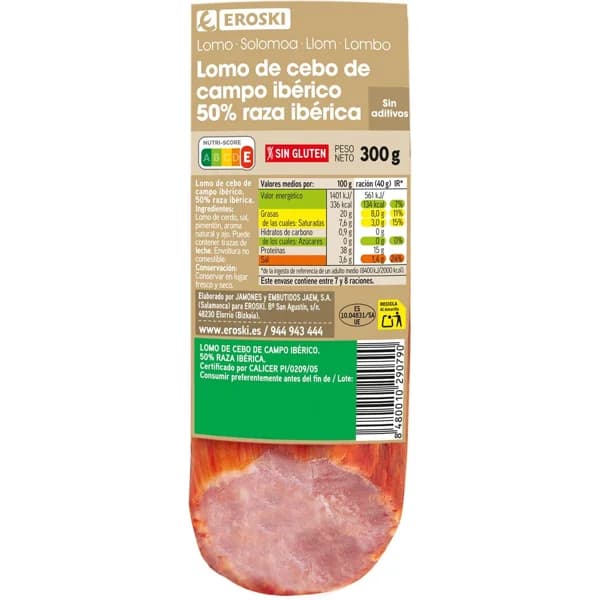 Lomo cebo campo ibérico 50% raza ibérica EROSKI, taco 300 g - 0.3 kg - Imagen del producto en Findit