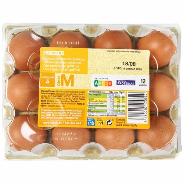 Huevos frescos M EROSKI, cartón 12 uds - 12 ud - Imagen del producto en Findit