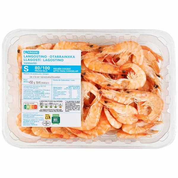 Langostino cocido calibre 80/100 EROSKI basic, bandeja 450 g - 0.45 kg - Imagen del producto en Findit