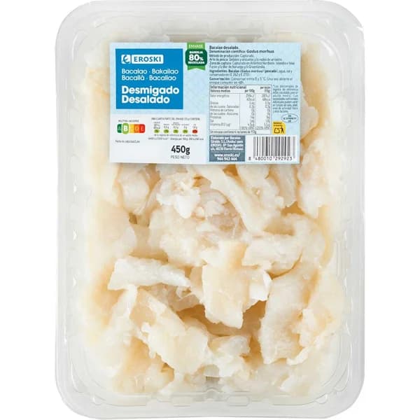 Bacalao desalado desmigado EROSKI, bandeja 450 g - 0.45 kg - Imagen del producto en Findit
