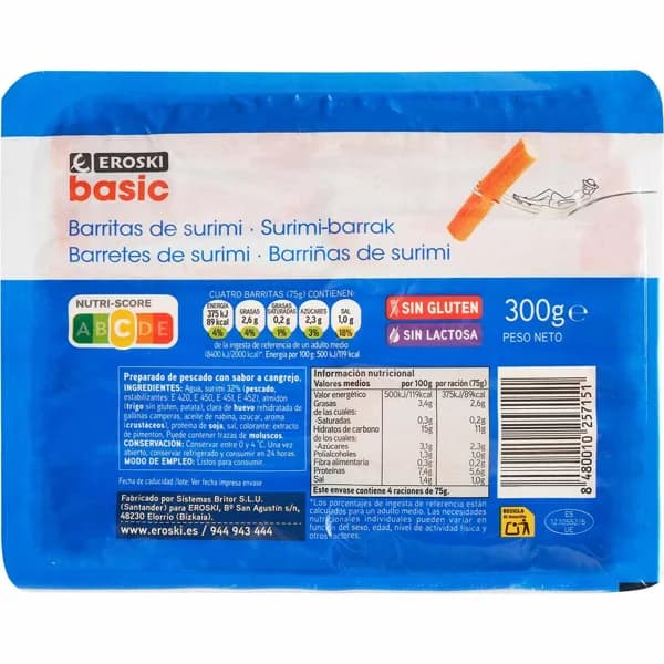 Barritas de surimi EROSKI BASIC, bandeja 300 g - 0.3 kg - Imagen del producto en Findit