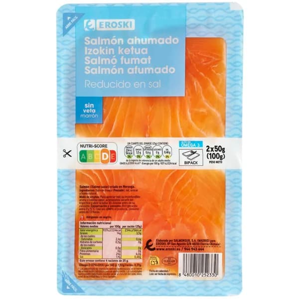 Salmón ahumado reducido sal duo EROSKI, pack 2x50 g - 0.1 kg - Imagen del producto en Findit