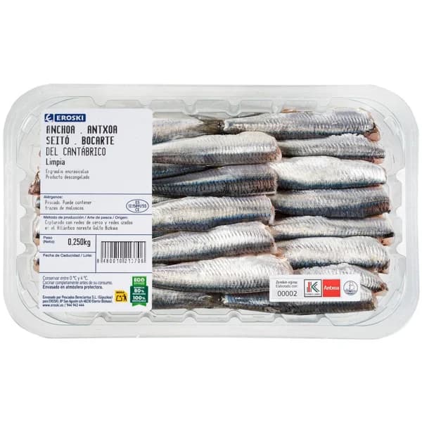 Anchoas limpias descongeladas EROSKI, bandeja 250 g - 0.25 kg - Imagen del producto en Findit