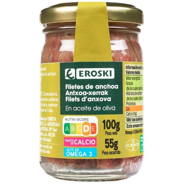 Anchoa en aceite de oliva EROSKI, frasco 55 g - 0.05 kg - Imagen del producto en Findit