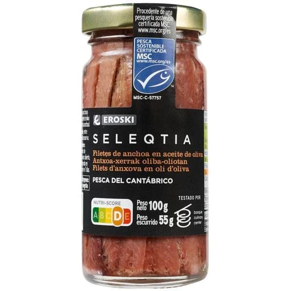 Anchoa en aceite de oliva Eroski SELEQTIA, frasco 55 g - 0.06 kg - Imagen del producto en Findit