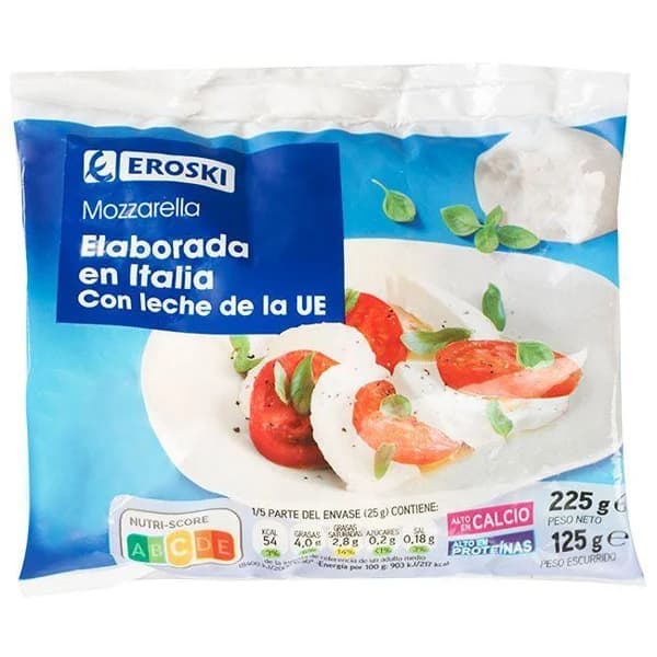 Queso Mozzarella EROSKI, bolsa 125 g - 0.12 kg - Imagen del producto en Findit