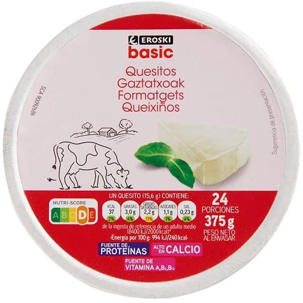 Queso fundido EROSKI basic, 24 porciones, caja 375 g - 0.38 kg - Imagen del producto en Findit
