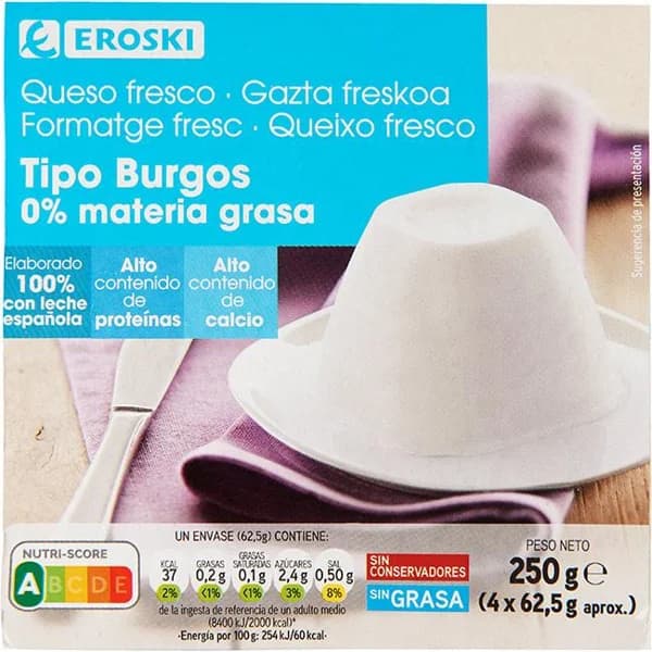 Queso fresco 0% EROSKI, pack 4x62,5 g - 0.25 kg - Imagen del producto en Findit