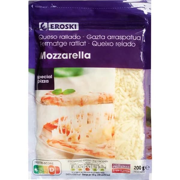 Queso rallado Mozzarella para pizza EROSKI, bolsa 200 g - 0.2 kg - Imagen del producto en Findit