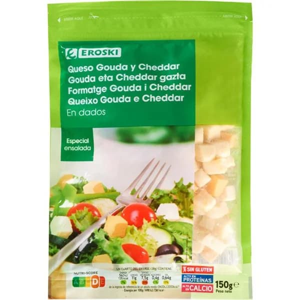 Queso en dados para ensalada EROSKI, bolsa 150 g - 0.15 kg - Imagen del producto en Findit