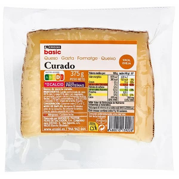 Queso curado mezcla EROSKI, cuña 375 g - 1 ud - Imagen del producto en Findit