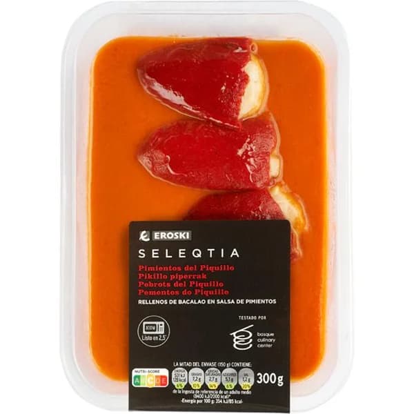 Pimientos rellenos de bacalao EROSKI SELEQTIA, bandeja 300 g - 0.3 kg - Imagen del producto en Findit