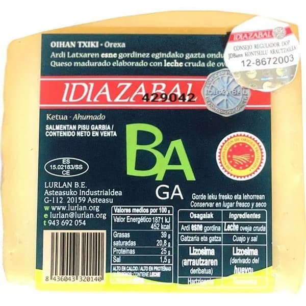 Queso ahumado D.O. Idiazabal BAGA, cuña 250 g - 0.25 kg - Imagen del producto en Findit
