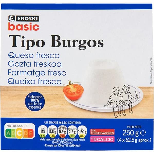 Queso de Burgos EROSKI basic, pack 4x62,5 g - 0.25 kg - Imagen del producto en Findit