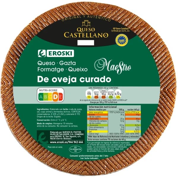 Queso curado leche cruda oveja EROSKI, al corte, compra mínima 250 g - 0.25 kg - Imagen del producto en Findit