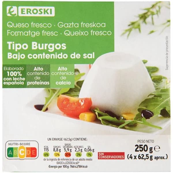 Queso fresco bajo contenido de sal EROSKI, pack 4x62,5 g - 0.25 kg - Imagen del producto en Findit