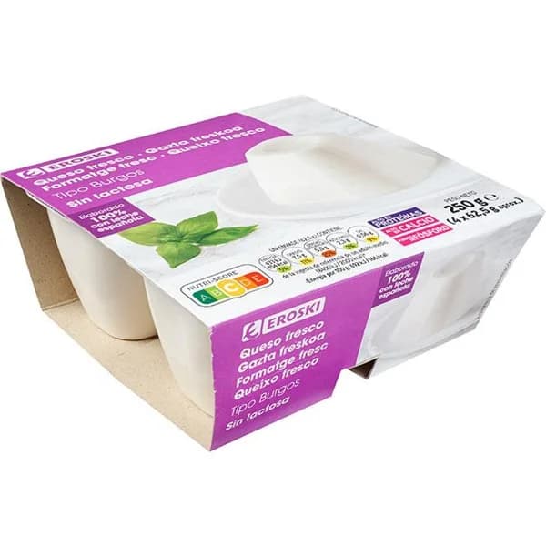 Queso de Burgos sin lactosa EROSKI, pack 4x62,5 g - 0.25 kg - Imagen del producto en Findit