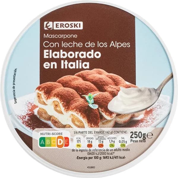 Queso mascarpone EROSKI, tarrina 250 g - 0.25 kg - Imagen del producto en Findit