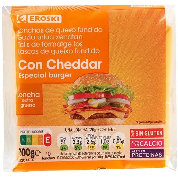 Queso fundido con cheddar EROSKI, lonchas, paquete 200 g - 0.2 kg - Imagen del producto en Findit