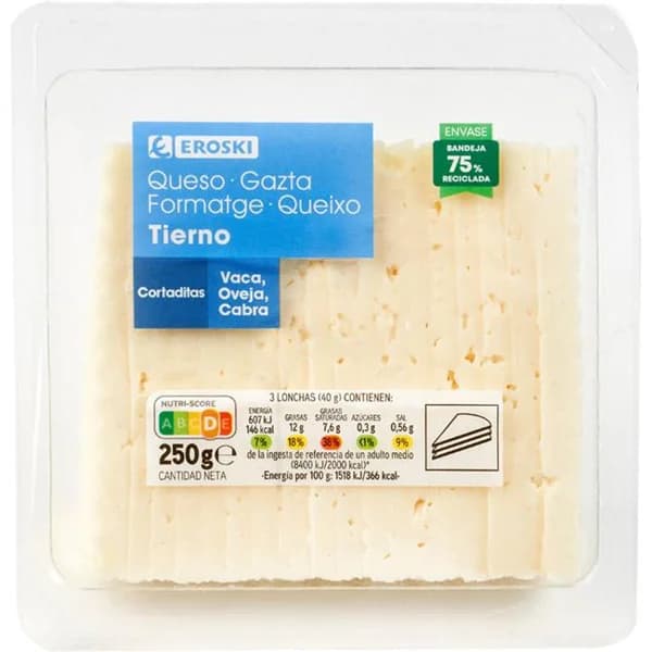 Queso tierno EROSKI, cuña cortada 250 g - 0.25 kg - Imagen del producto en Findit