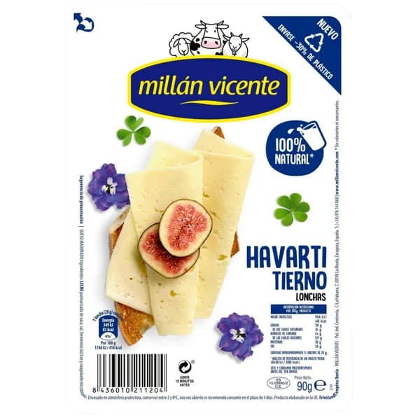 Queso Havarti MILLAN VICENTE, lonchas, bandeja 90 g - 0.09 kg - Imagen del producto en Findit