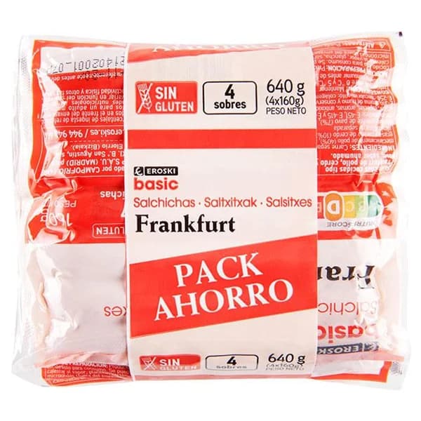 Salchichas Frankfurt EROSKI basic, pack 4x160 g - 0.64 kg - Imagen del producto en Findit