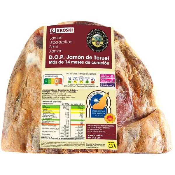 Jamón curado D.O.P. Teruel EROSKI, al corte, compra mínima 100 g - 0.1 kg - Imagen del producto en Findit