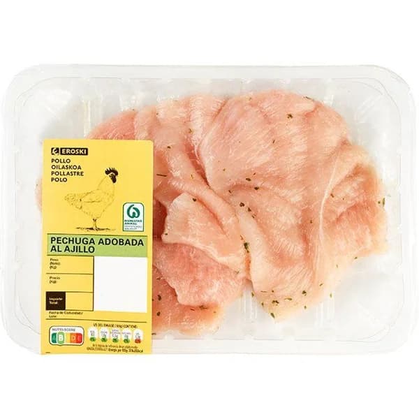 Filetes de pechuga pollo al ajillo EROSKI, bandeja peso aprox. 400 g - 0.4 kg - Imagen del producto en Findit