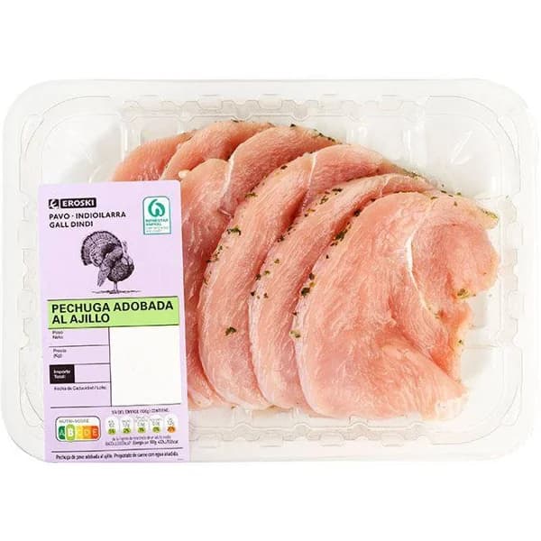 Filetes de pechuga de pavo al ajillo EROSKI, bandeja aprox. 500 g - 0.5 kg - Imagen del producto en Findit