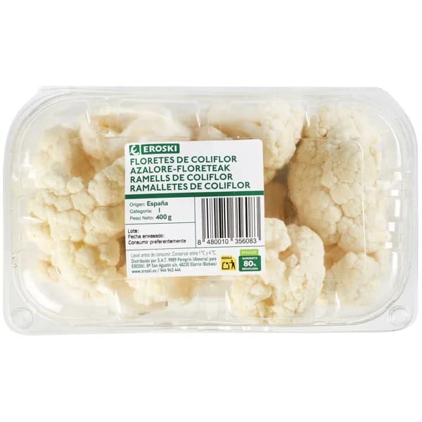 Floretes de coliflor EROSKI, bandeja 400 g - 0.4 kg - Imagen del producto en Findit
