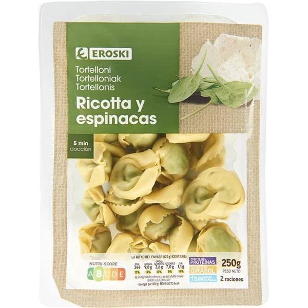 Tortellini ricotta con espinacas EROSKI, bandeja 250 g - 0.25 kg - Imagen del producto en Findit