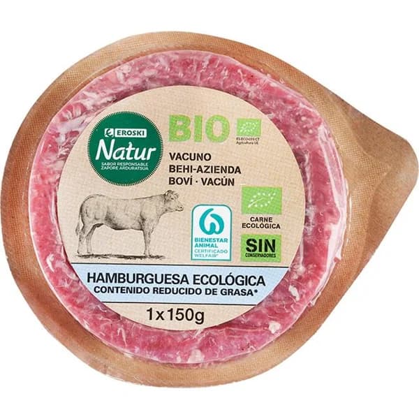 Hamburguesa vacuno eco red. grasa E. NATUR BIO, bandeja 150 g - 0.15 kg - Imagen del producto en Findit