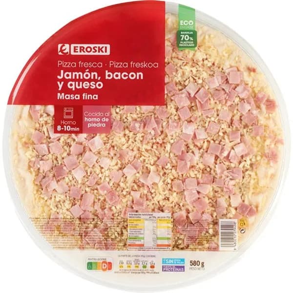 Pizza de jamón-bacón-queso EROSKI, 1 ud, 580 g - 1 ud - Imagen del producto en Findit