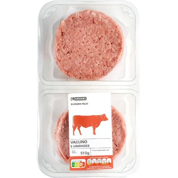 Hamburguesa de vacuno EROSKI, 6 uds., bandeja 510 g - 1 ud - Imagen del producto en Findit