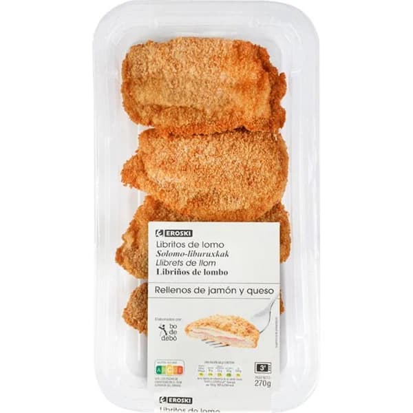 Libritos de lomo rellenos de jamón y queso EROSKI, bandeja 270 g - 0.27 kg - Imagen del producto en Findit