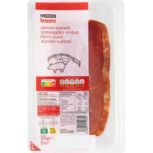 Jamón curado EROSKI BASIC, sobre 100 g - 1 ud - Imagen del producto en Findit