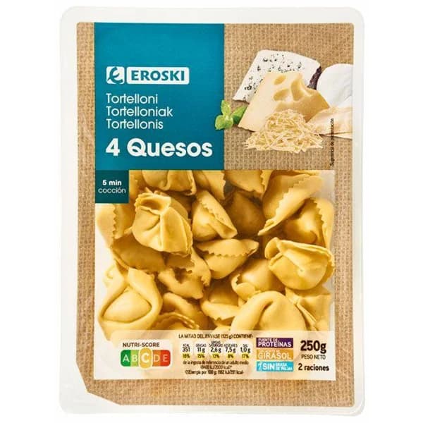 Tortellini 4 quesos EROSKI, bandeja 250 g - 0.25 kg - Imagen del producto en Findit