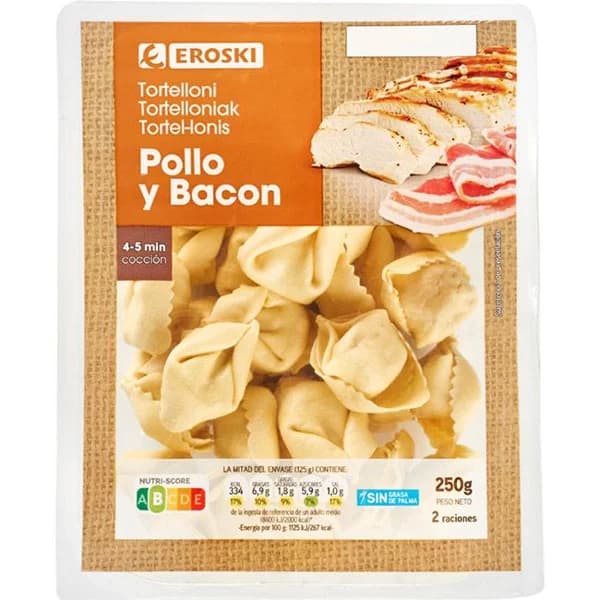 Tortellini de pollo y panceta EROSKI, bandeja 250 g - 0.25 kg - Imagen del producto en Findit