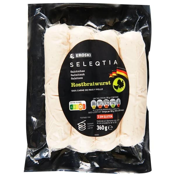 Salchicha de pollo-pavo Eroski SELEQTIA, sobre 360 g - 1 ud - Imagen del producto en Findit