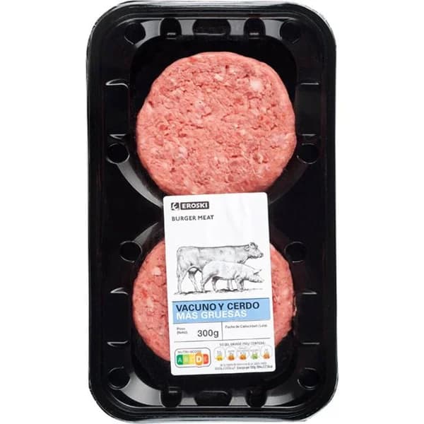 Hamburguesa vacuno-cerdo B. Meat EROSKI, 2 uds., bandeja 300 g - 0.3 kg - Imagen del producto en Findit
