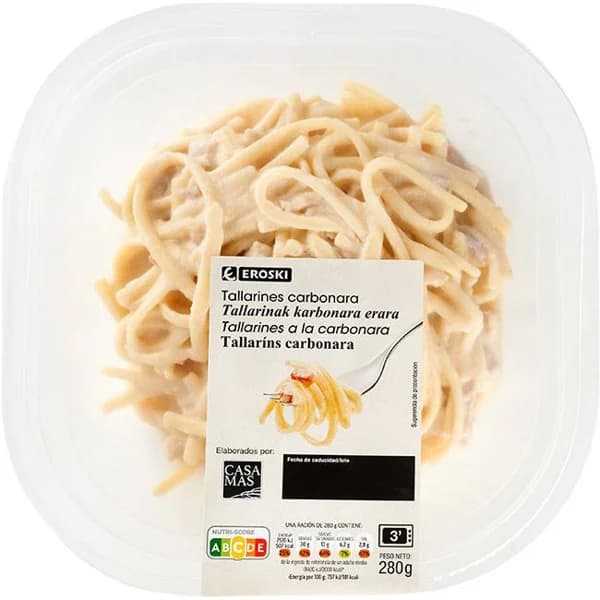 Tallarines a la carbonara EROSKI, bandeja 280 g - 0.28 kg - Imagen del producto en Findit