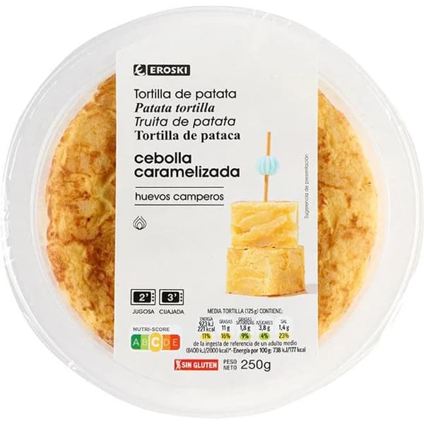 Tortilla de patatas con cebolla caramelizada EROSKI, 1 ud, 250 g - 0.25 kg - Imagen del producto en Findit