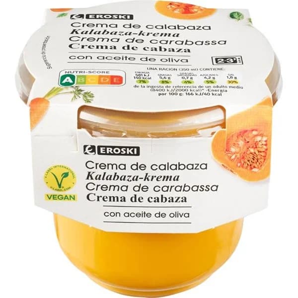 Crema de calabaza EROSKI, tarrina 350 g - 0.35 kg - Imagen del producto en Findit