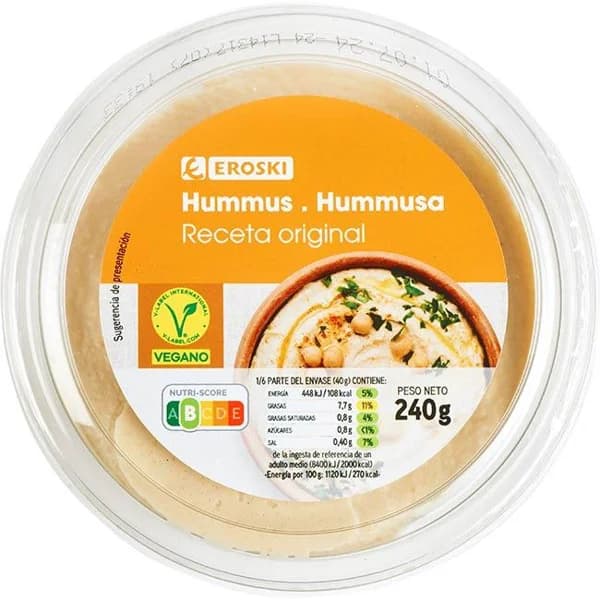 Hummus clásico EROSKI, tarrina 240 g - 0.24 kg - Imagen del producto en Findit