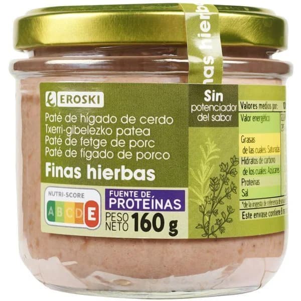 Paté a las finas hierbas EROSKI, frasco 160 g - 1 ud - Imagen del producto en Findit