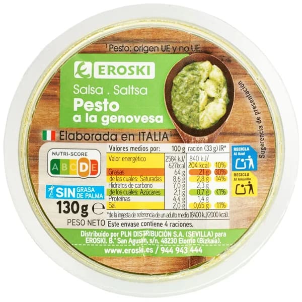 Salsa Pesto Genovés EROSKI, tarrina 130 g - 0.13 kg - Imagen del producto en Findit