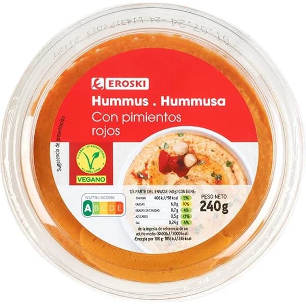 Hummus de pimiento rojo EROSKI, tarrina 240 g - 0.24 kg - Imagen del producto en Findit