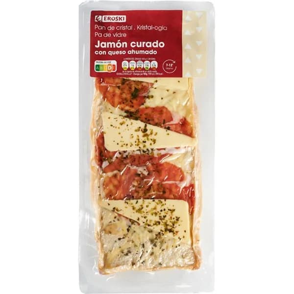 Pan cristal con jamón curado EROSKI, bandeja 200 g - 1 ud - Imagen del producto en Findit