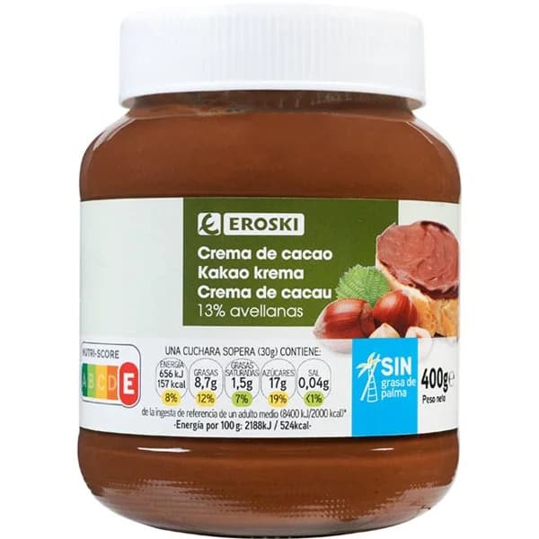 Crema cacao 1 sabor 13% avellana sin palma EROSKI, frasco 400 g - 0.4 kg - Imagen del producto en Findit